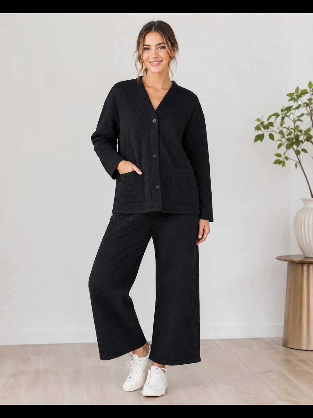Zenana Black Quilted Jacket & Wide Leg Pant Set Size Large
